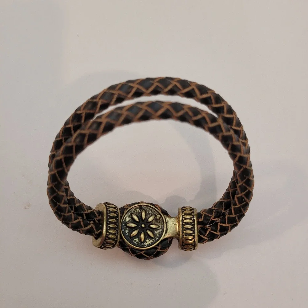 Ginger Snaps Braided Leather Bracelet Unisex Brown Initial K Snap Brass Tone Vtg